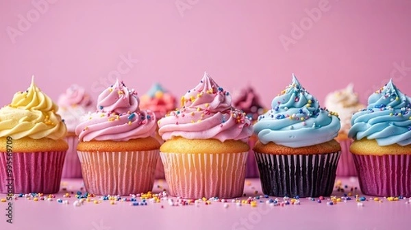 Fototapeta A colorful array of cupcakes with icing and sprinkles