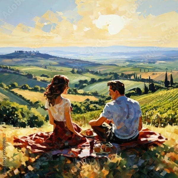 Fototapeta A couple sits on a blanket in the middle of a vibrant countryside landscape, sharing a romantic picnic. Rolling hills and a beautiful sunset create a warm and peaceful atmosphere for the couple.. AI