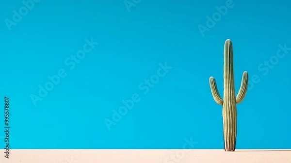 Fototapeta Minimalist desert landscape with a single cactus under a clear blue sky, sharp shadows, wideopen space,  cactus minimalist landscape, serene nature