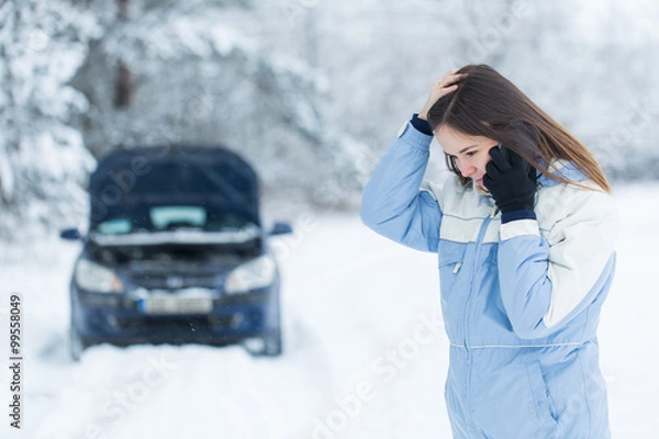 Fototapeta Car breakdown on winter road.