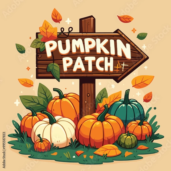 Fototapeta Whimsical pumpkin patch sign with colorful pumpkins and autumn leaves, perfect for fall promotions