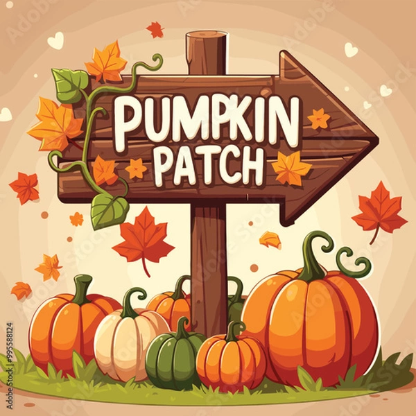 Fototapeta Pumpkin patch sign with autumn leaves; colorful vector illustration, perfect for fall decoration
