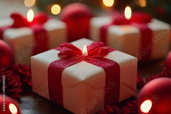 Fototapeta Red Christmas gift with a glowing candle on top surrounded by festive holiday lights and bokeh effects creating a magical and cozy holiday scene