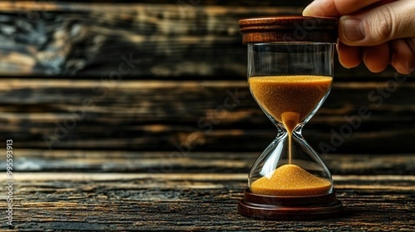 Fototapeta A hand holding an hourglass as sand begins to run out symbolizing the importance of prioritizing time and making meaningful decisions Large space for text in center Stock Photo with copy space