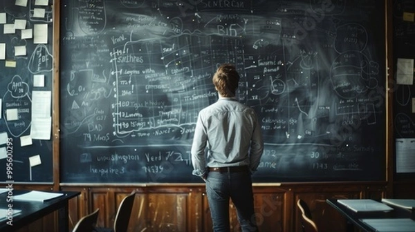 Obraz A thoughtful teacher examines complex math equations on a chalkboard in a classroom filled with learning possibilities.