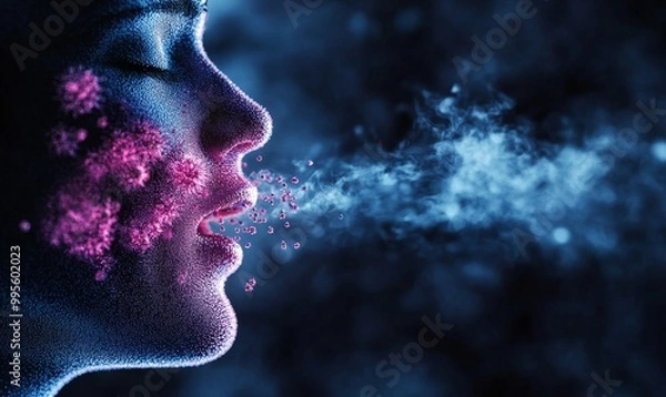 Obraz Person exhales pink particles into blue smoke.