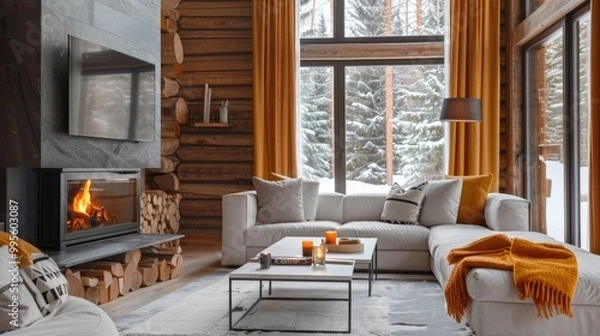 Obraz Cozy living room with bright curtains, a warm fireplace, and a snowy view creating a welcoming atmosphere for winter days.
