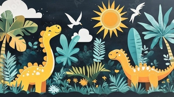 Fototapeta Colorful dinosaur jungle mural with smiling figures and tropical plants.