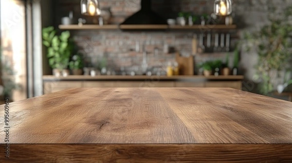 Fototapeta Empty wooden table in kitchen. This image is perfect for placing a product or mockups.