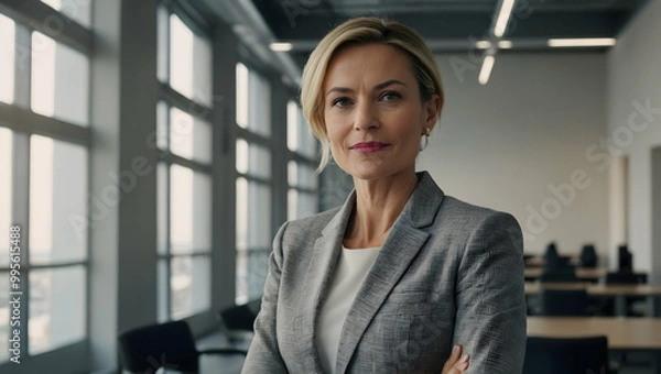 Fototapeta Confident Businesswoman: A powerful portrait of a confident businesswoman with a determined look, standing in a modern office setting with natural light streaming in through large windows.