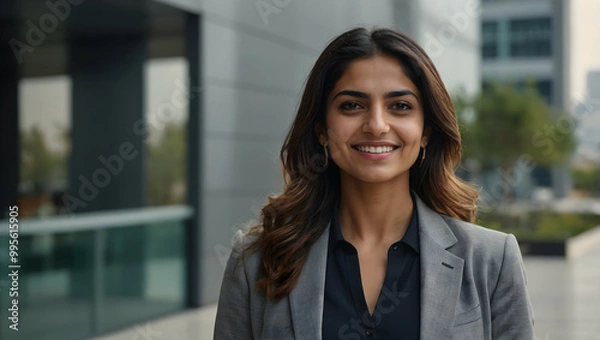 Fototapeta Confident & Successful: A young businesswoman beams with confidence, her eyes reflecting ambition and determination. The urban backdrop enhances her professional image.