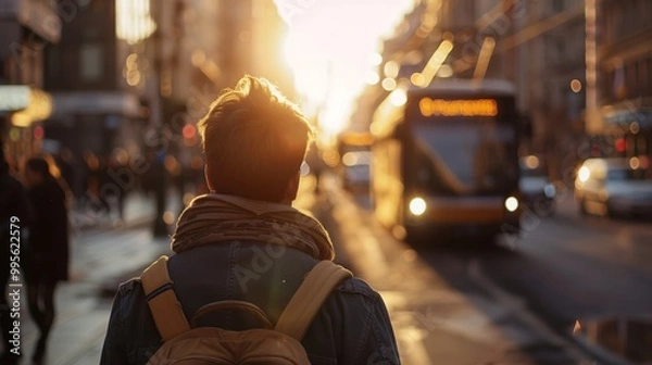 Fototapeta Urban Morning Commute: Man Walking Towards Tram in City at Sunrise