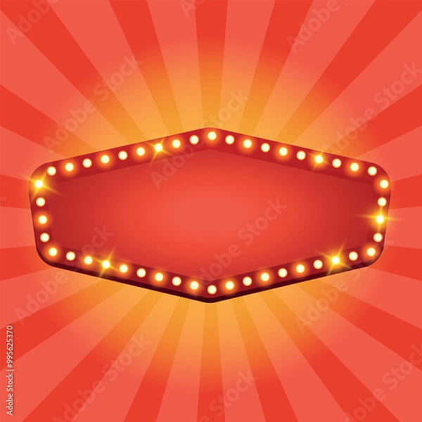 Fototapeta Vector neon marquee billboard for decoration casino, carnival, circus, theater, cinema with glowing lamps. Vector horizontal background inviting to performance with light bulb. Carnival banner