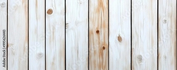 Fototapeta Distressed white wood planks with visible knots, bright and airy background, perfect for fresh salads and light dishes