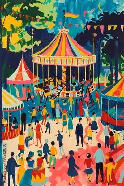 Fototapeta Painting of a Whimsical Carnival with Colorful Rides and Joyful Crowds