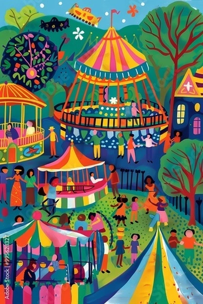 Fototapeta Painting of a Whimsical Carnival with Colorful Rides and Joyful Crowds