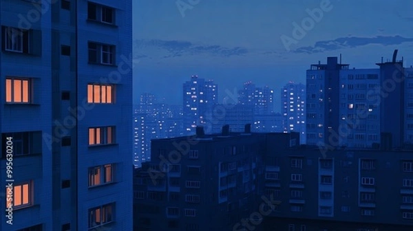 Fototapeta A serene cityscape at dusk, showcasing illuminated windows against a backdrop of blue twilight.