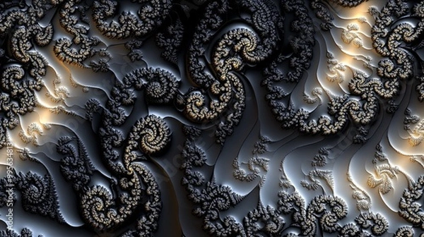 Fototapeta An intricate fractal design featuring swirling patterns in black, gold, and white, showcasing mathematical beauty.