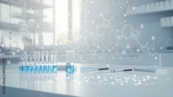 Fototapeta Modern laboratory scene with blue liquid in test tubes and digital molecular graphics, exemplifying scientific research and innovation.