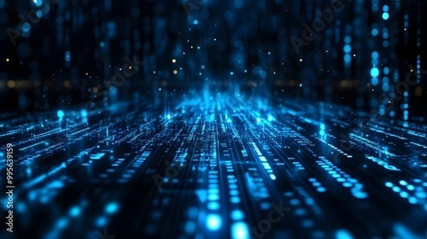 Fototapeta Digital background featuring blue glowing binary code, representing data technology and cybersecurity in a black space
