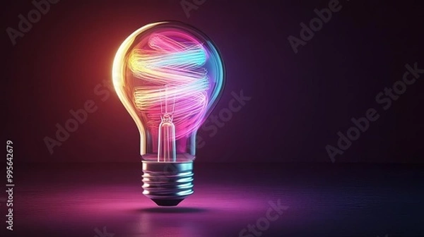 Fototapeta Electric light bulb with a swirling vortex of colors inside, glowing in an ambient dark room, representing the chaos and beauty of creativity
