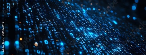 Fototapeta Digital background featuring blue glowing binary code, representing data technology and cybersecurity in a black space