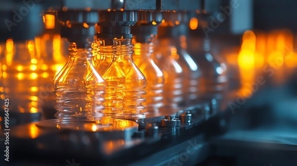 Fototapeta Close-up of plastic bottles being formed inside an injection molding machine, showing the hot plastic material being shaped into precise bottle molds, with space in the background for text,