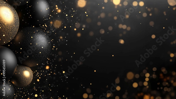 Fototapeta Black and golden festive background with shiny balloons, bokeh and glitter, Black Friday, luxury holidays, New Year or Christmas party celebration
