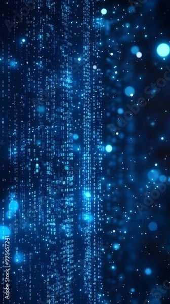 Fototapeta Digital background featuring blue glowing binary code, representing data technology and cybersecurity in a black space