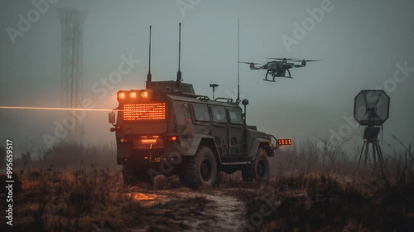 Fototapeta Military vehicle, robotic complex with lasers operates amidst drones. Generative AI