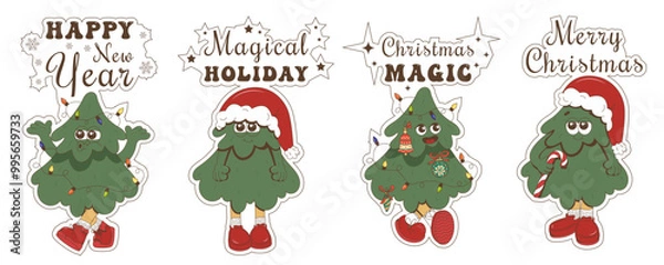 Fototapeta A set of fun Christmas stickers with trendy characters and phrases. Christmas tree with lights, New Year's hat. Vector Christmas tree in a clockwork style.
