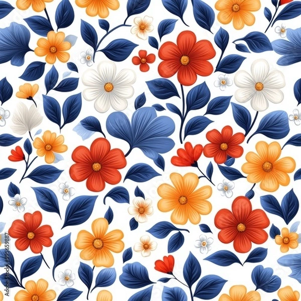 Fototapeta A vibrant floral pattern featuring colorful flowers and leaves on a white background, ideal for fabric or wallpaper design.