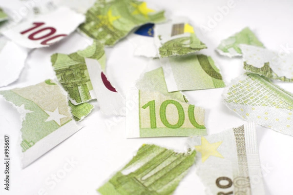 Obraz Ripped euro banknote on white background.