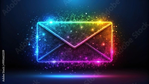 Fototapeta Neon envelope with shimmering colors on a dark background, neon, envelope, shimmering, colors, dark, background, vibrant