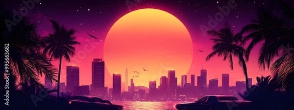 Fototapeta A synthwave background with palm trees and the sun setting behind an urban skyline, featuring retro-futuristic elements like vintage cars and neon lights