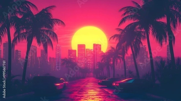Fototapeta A synthwave background with palm trees and the sun setting behind an urban skyline, featuring retro-futuristic elements like vintage cars and neon lights