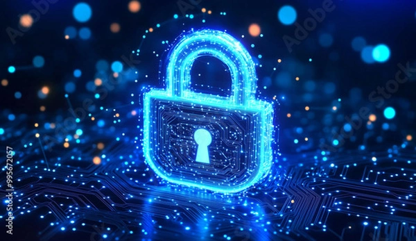 Fototapeta "Digital Cybersecurity Concept with Glowing Lock Symbol and Circuit Board Background Representing Data Protection, Network Security, and Information Encryption in a Futuristic Technology Environment.