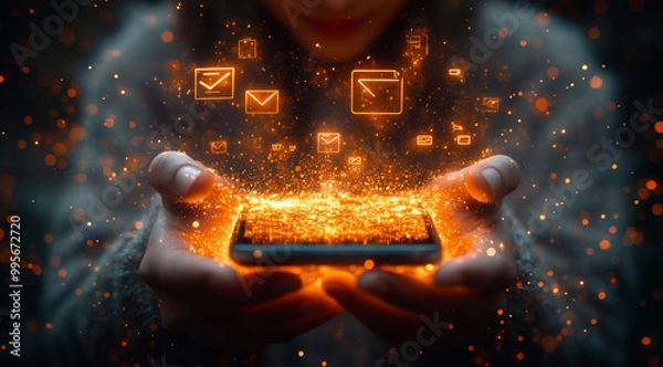 Fototapeta Digital Communication and Data Exchange Concept with Floating Icons Above Smartphone in User's Hands