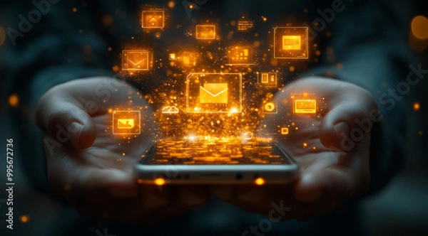 Fototapeta Digital Communication and Data Exchange Concept with Floating Icons Above Smartphone in User's Hands