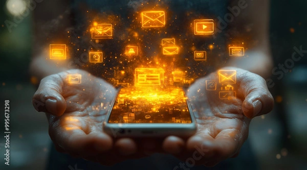 Fototapeta Digital Communication and Data Exchange Concept with Floating Icons Above Smartphone in User's Hands