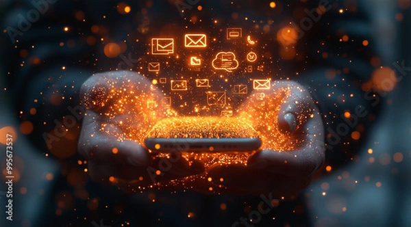 Fototapeta Digital Communication and Data Exchange Concept with Floating Icons Above Smartphone in User's Hands