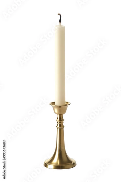 Fototapeta A simple white candle in a metallic holder, isolated on a clean white background PNG