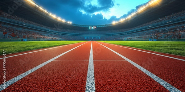Fototapeta Empty Professional Athletics Track in a Large Stadium with Spectator Stands at Sunset, Representing Competitive Sports, Running Events, and Outdoor Athletic Competitions.