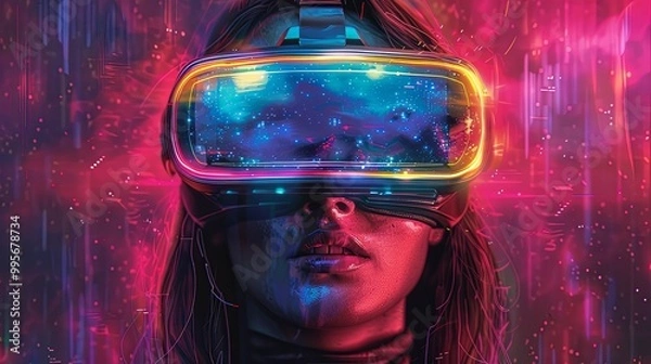 Fototapeta Woman wearing a futuristic helmet standing in a virtual world, digital art style, illustration painting