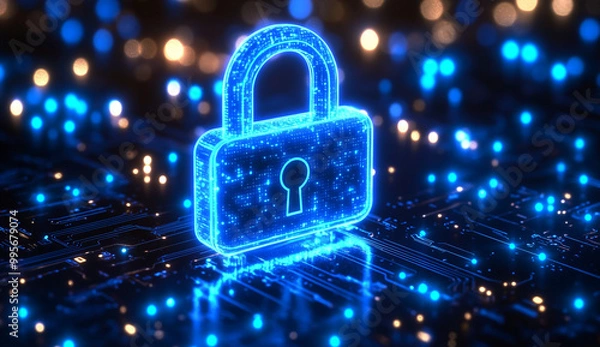 Fototapeta "Digital Cybersecurity Concept with Glowing Lock Symbol and Circuit Board Background Representing Data Protection, Network Security, and Information Encryption in a Futuristic Technology Environment.