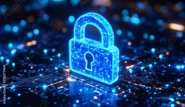 Fototapeta "Digital Cybersecurity Concept with Glowing Lock Symbol and Circuit Board Background Representing Data Protection, Network Security, and Information Encryption in a Futuristic Technology Environment.