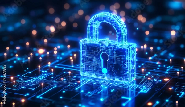 Fototapeta "Digital Cybersecurity Concept with Glowing Lock Symbol and Circuit Board Background Representing Data Protection, Network Security, and Information Encryption in a Futuristic Technology Environment.