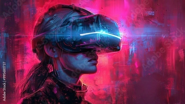 Obraz Woman wearing a futuristic helmet standing in a virtual world, digital art style, illustration painting