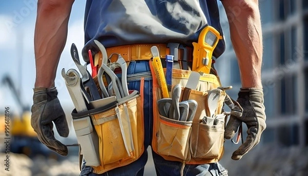 Fototapeta Close-up of a construction worker with a bag and tools kit worn on the waist. A maintenance worker with tools in a tools belt and artisan equipment.