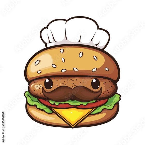 Fototapeta Cute cartoon vector clipart of a burger with a mustache and chef's hat on a white background